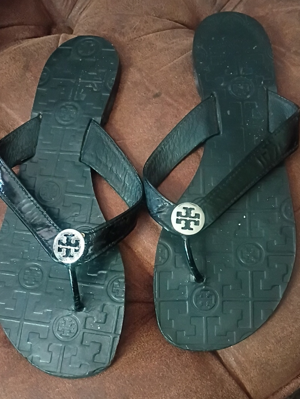 Tory Burch Black Patent Logo Thong Flip Flops